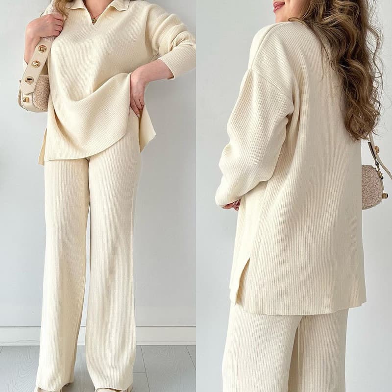 Conjunto De Roupas Femininas Moda Pulôver Calça Solta Bainha Suéter Duas Peças