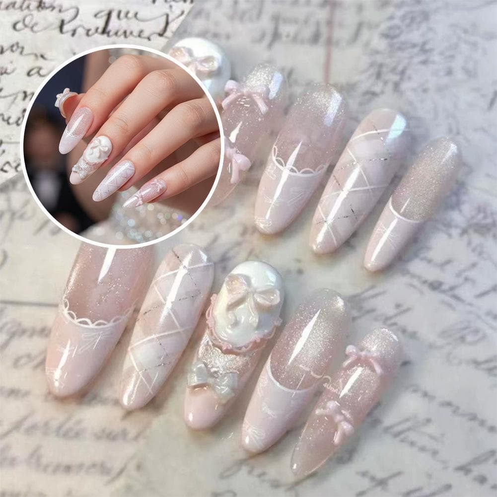 1 Conjunto De Prensa De Olho De Gato Em Unhas Meio Artesanal Efeito De Ponta Francesa Polonês Rosa Arco Design Gel C0J1