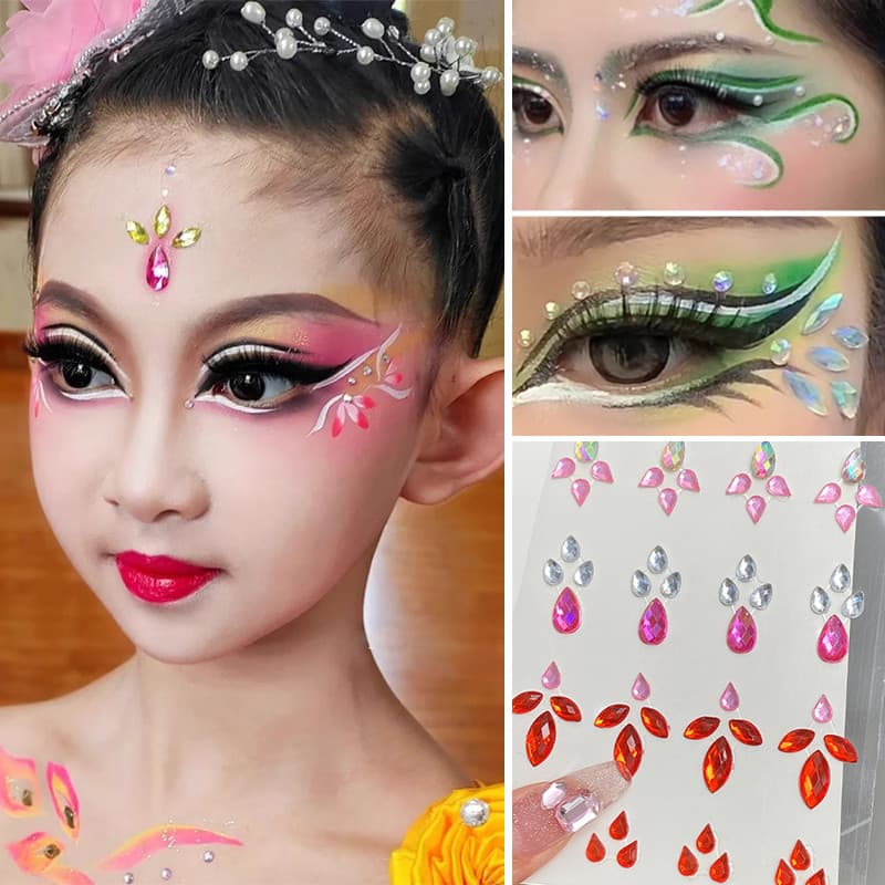Rosto infantil genuíno pintado diamante dança latina lantejoulas pérola lágrima cristal colorido diamante palco maquiage