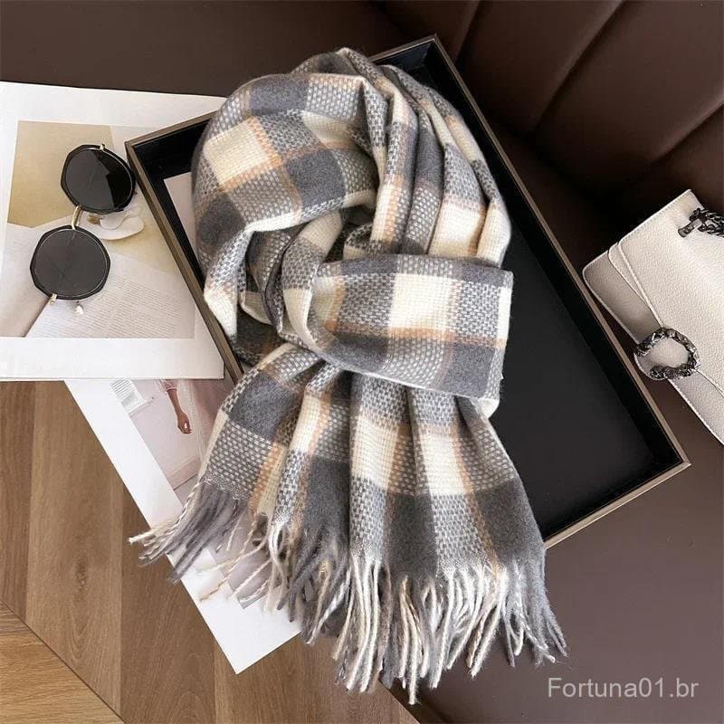Cachecol de Imitação de Cashmere para Mulheres e Homens, Cachecóis Xadrez Espessos de Inverno, Cachecóis Unissex para Es