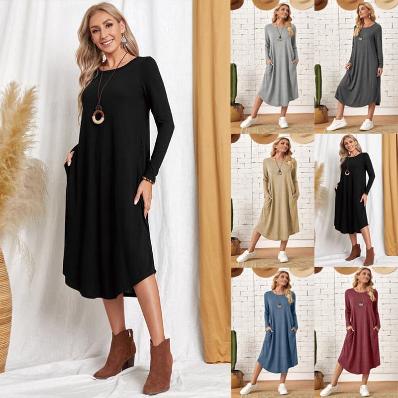 2022 outono inverno novo estilo feminino cor sólida malha costura lateral bolso reto bainha curvada vestido solto