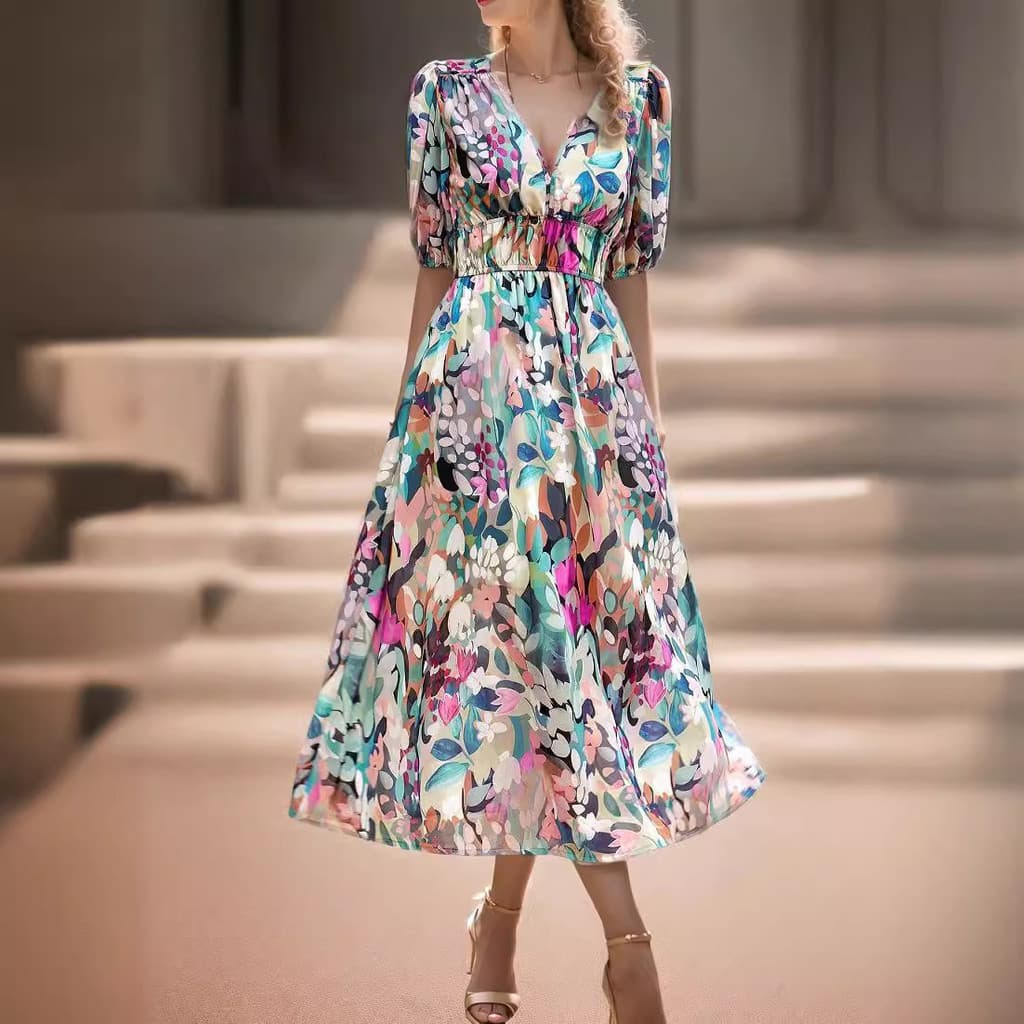 2026 Vestido transfronteiriço de verão cintura estreita temperamento cintura estreita decote em V saia longa estampada