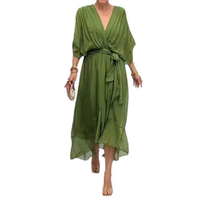 Vestido longo feminino de cor sólida com manga morcego e decote em V 2026 JR4U