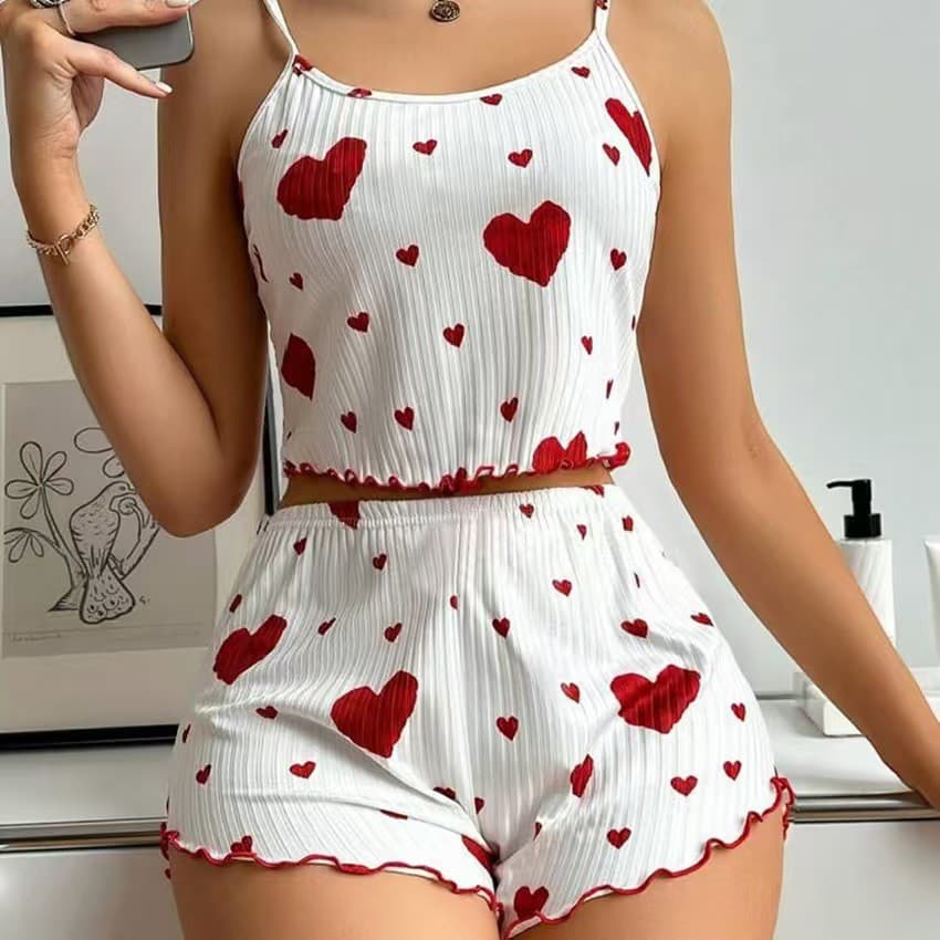Verão novo estilo 2026 malha Pit Strip amor impressão Design sentir doce Suspender Shorts puro desejo pijamas feminino