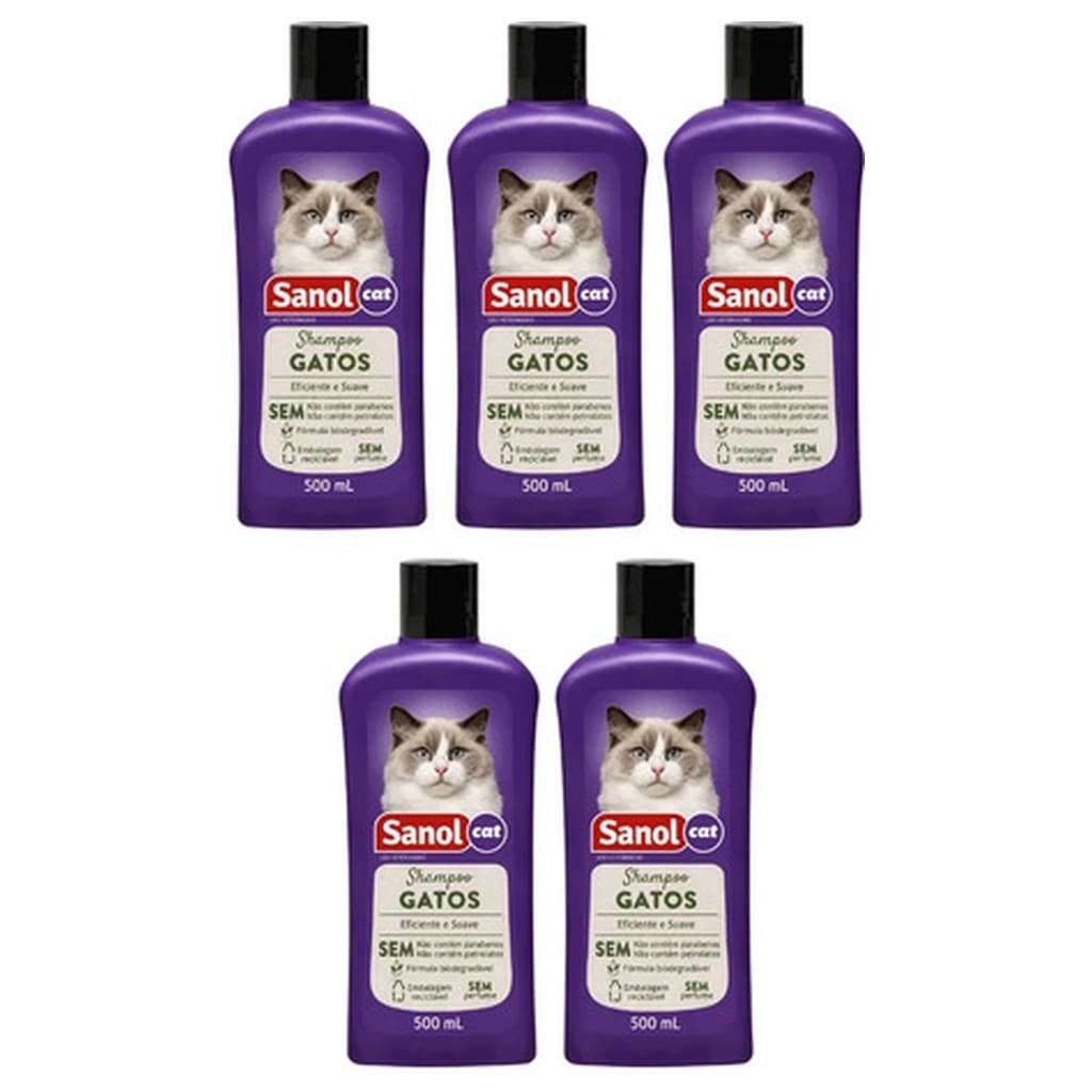 Kit 5 Shampoo Sanol Cat 500ml Sem Perfume Glicerina Neutra Higiene Gatos Hipoalergênico Biodegradável Vegano