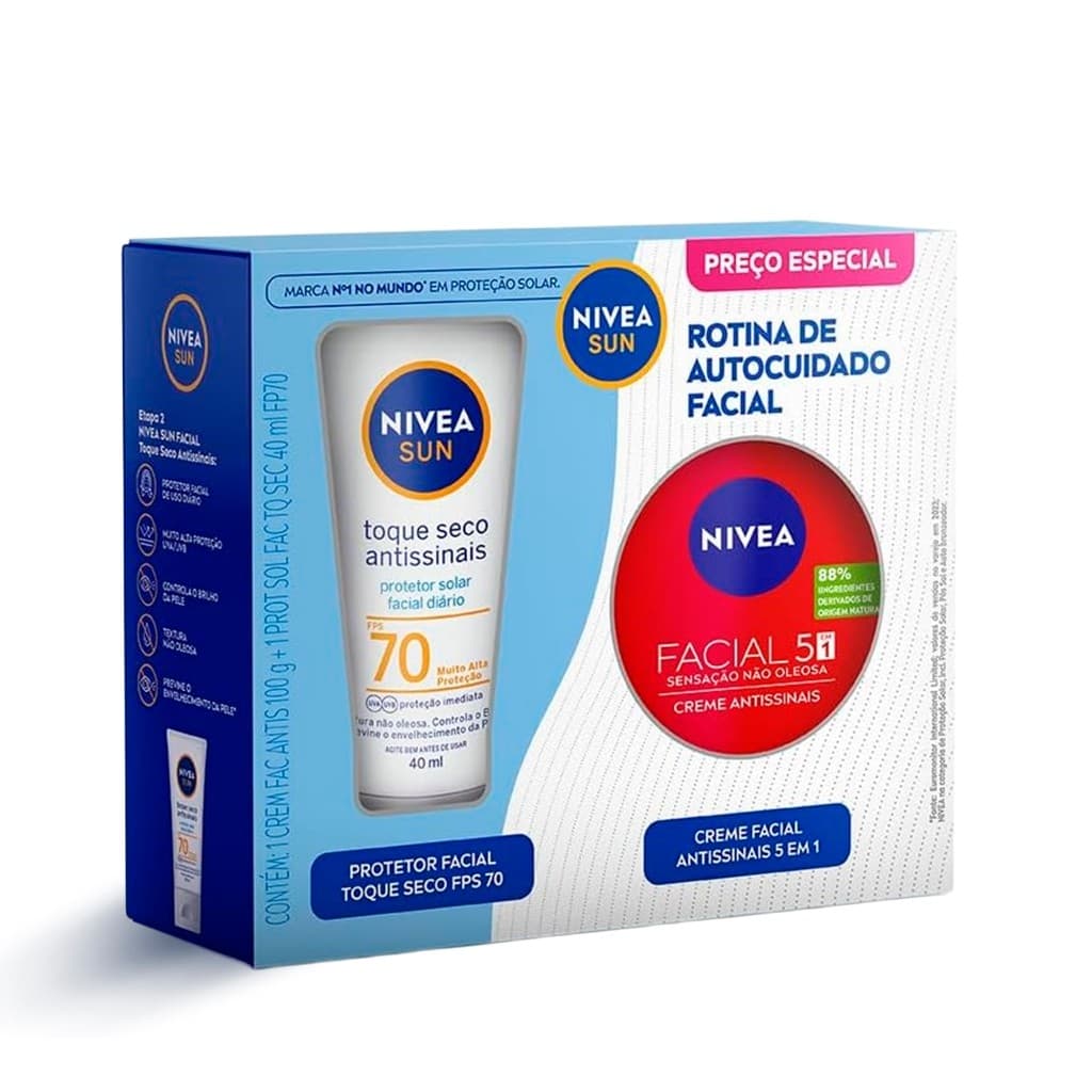KIT NIVEA Creme Facial Antissinais 100g + Protetor Solar Facial Toque Seco Antissinais FPS 70 Sun 40ml