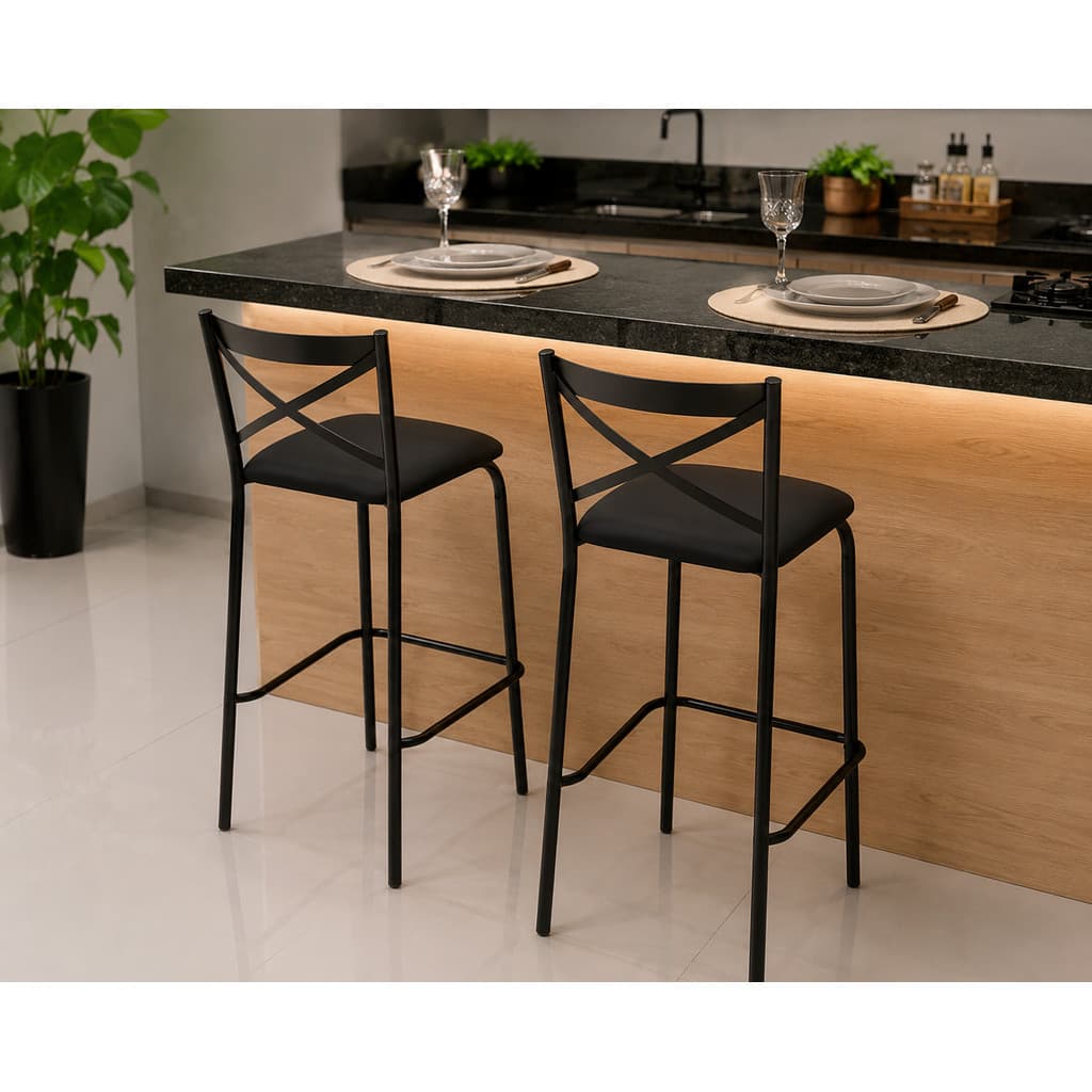 Banqueta Banco Alto Preto com Encosto para Balcão Cozinha Bancada e Área Gourmet