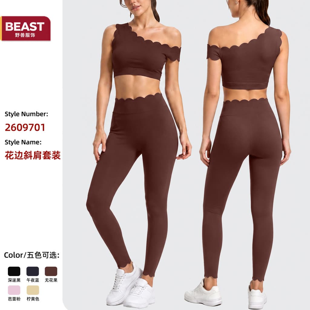 Conjunto de Calças de Yoga com Renda e Ombros Descobertos, Roupa de Fitness para Esportes ao Ar Livre, Conjunto de Trein