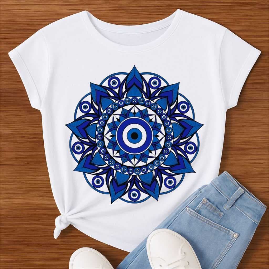 Camiseta Feminina Olho Grego Mandala – Proteção, Estilo e Elegância Moda Urbana