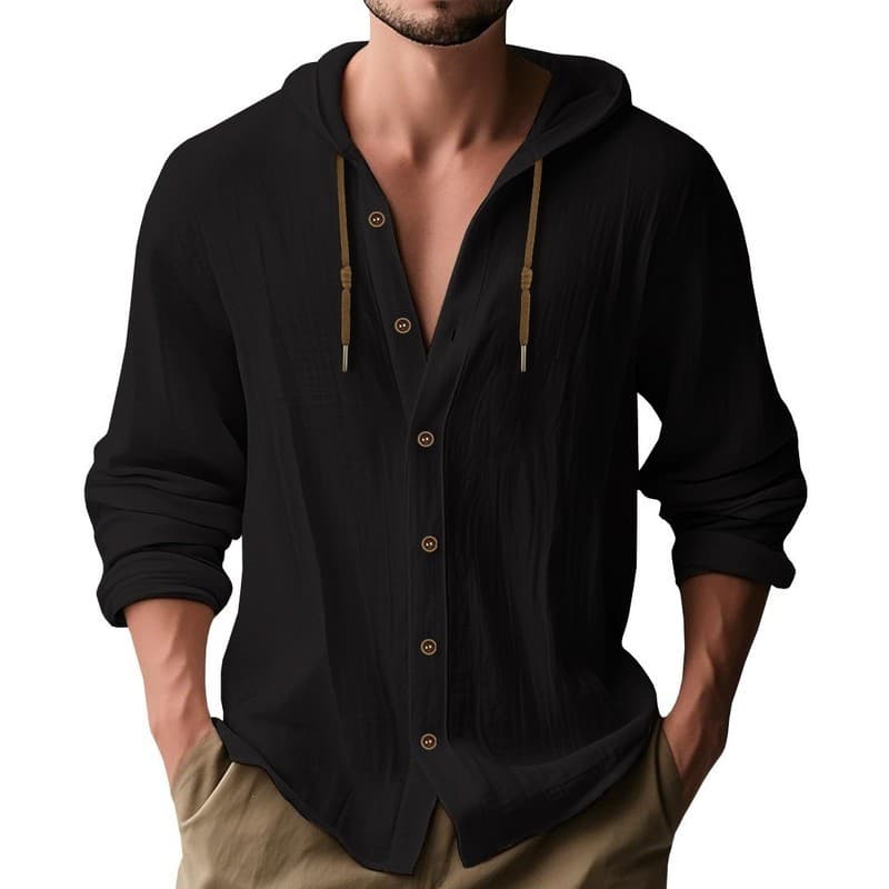 2026 algodão linho masculino esportes Casual camisa de manga comprida com capuz moda de alta qualidade na moda All-Match