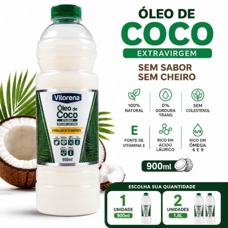 Óleo de Coco Extra Virgem 900ml Vitorena Sem Sabor e Sem Cheiro Natural