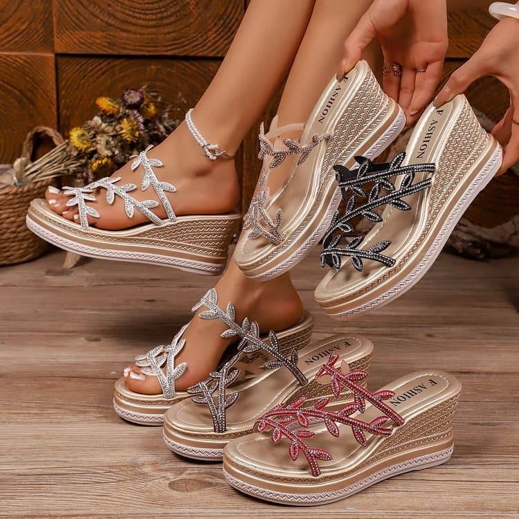 Sandálias femininas de salto cunha com folha de strass Muller, sapatos de cunha com folha de cristal brilhante, sandália