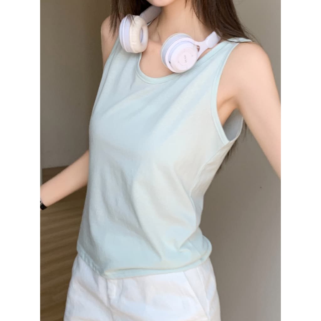 Verde menta sem mangas topo feminino 2026 verão fino exterior usar camisa de fundo solto solto em torno do pescoço estil