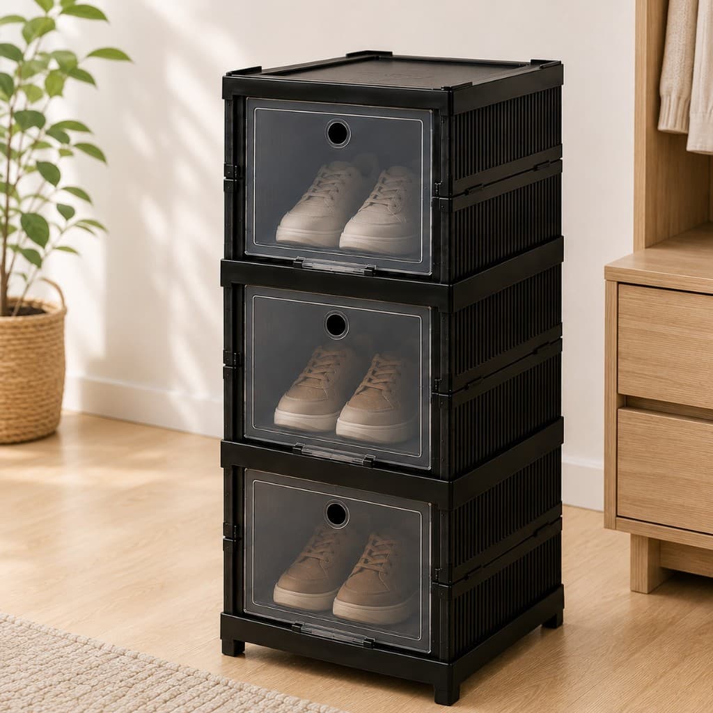 Organizador de Sapatos Sapateira Dobrável Triplo Empilhável Multiuso Preto 3 Compartimentos Vertical