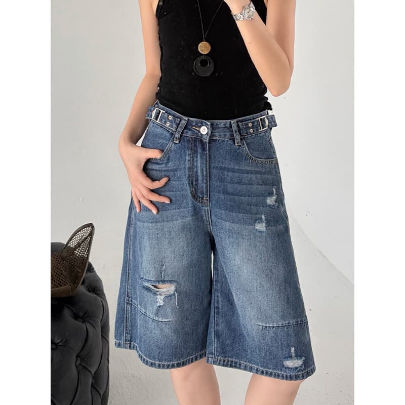 Americano rasgado Tencel legal sentimento perna larga cinco pontos Denim Shorts feminino verão leve mais magro olhar cal