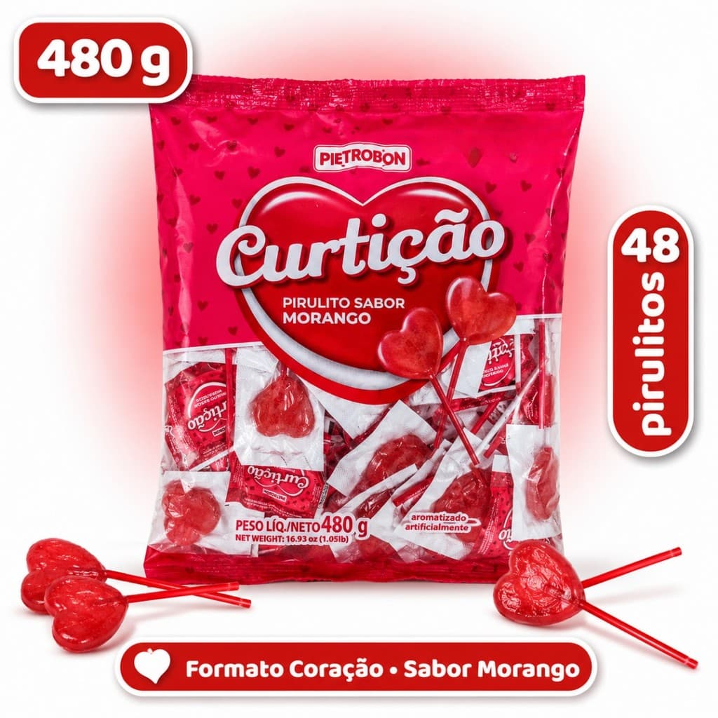 Pirulito Coração Pietrobon Morango 480g 48 Embalados individualmente Festa Lembrancinha Aniversário Mesa Doces