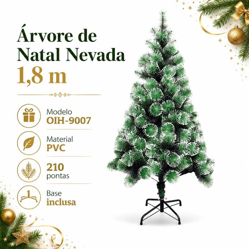 Árvore Natalina Nevada Luxo 1,8M com Efeito Neve, 210 Pontas e Base Reforçada Oásis OIH-9007
