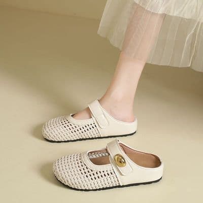 2 cores tamanho grande 35-43 sapatos femininos plana francês Toe-coberto chinelos feminino verão exterior usar malha oco