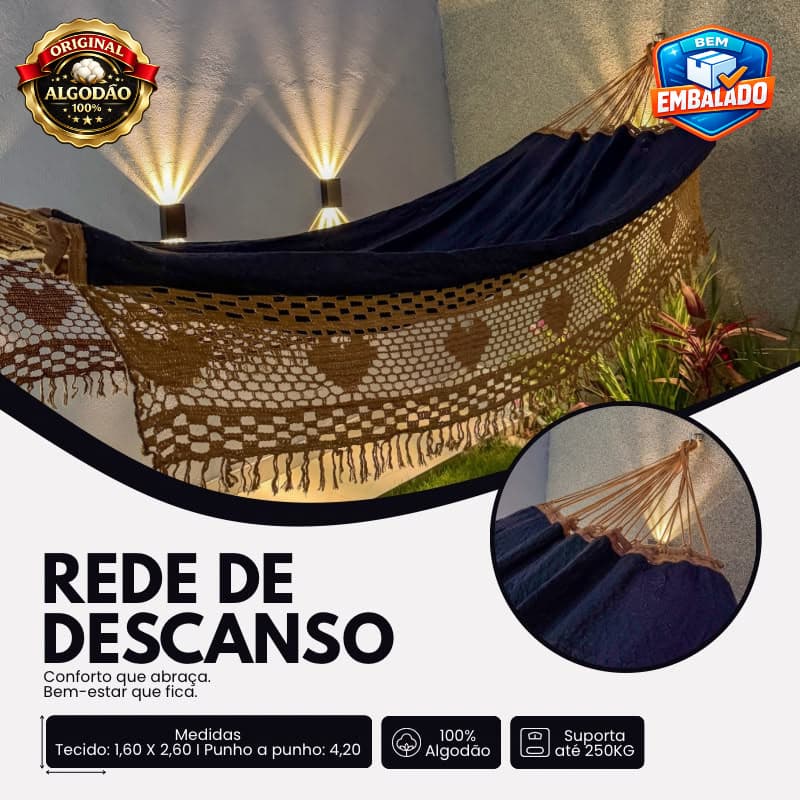 Rede De Dormir 4,2 Metros Algodão Luxo Artesanal Reforçada Casal 250kg Descanso Para Casa