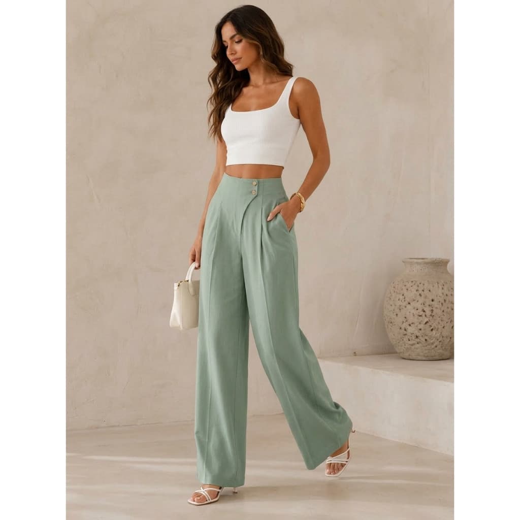 Calça Feminina Alfaiataria Pantalona Cintura Alta Cós Transpassado Botões Bolsos Look Office Elegante COD 196