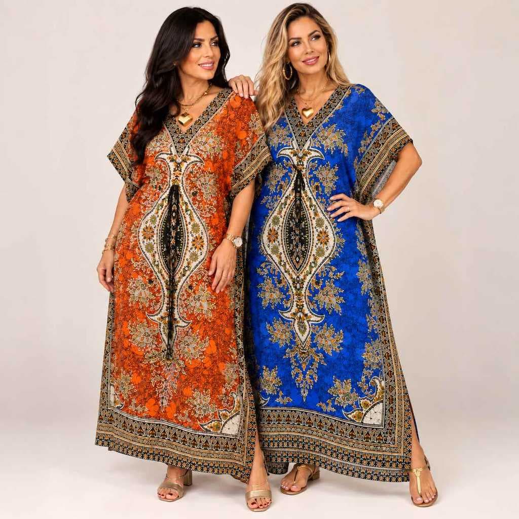 Kit 2 Vestidos Kaftan Longo Indiano Estampado com Arabescos Tamanho Único - Veste M até GG