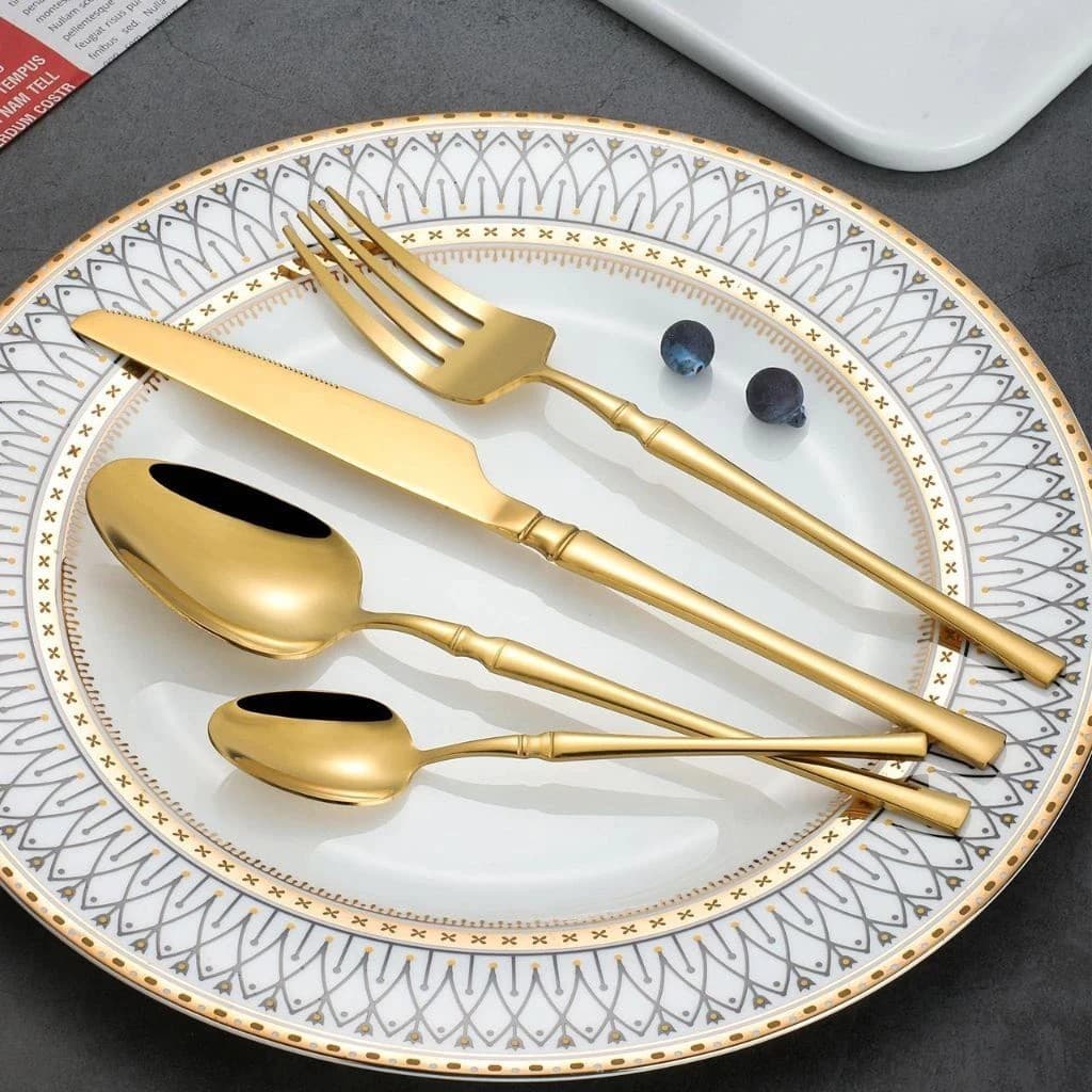 24 Peças Talheres Dourado de Aço Inox Garfo Colher Faca Colher De Mesa