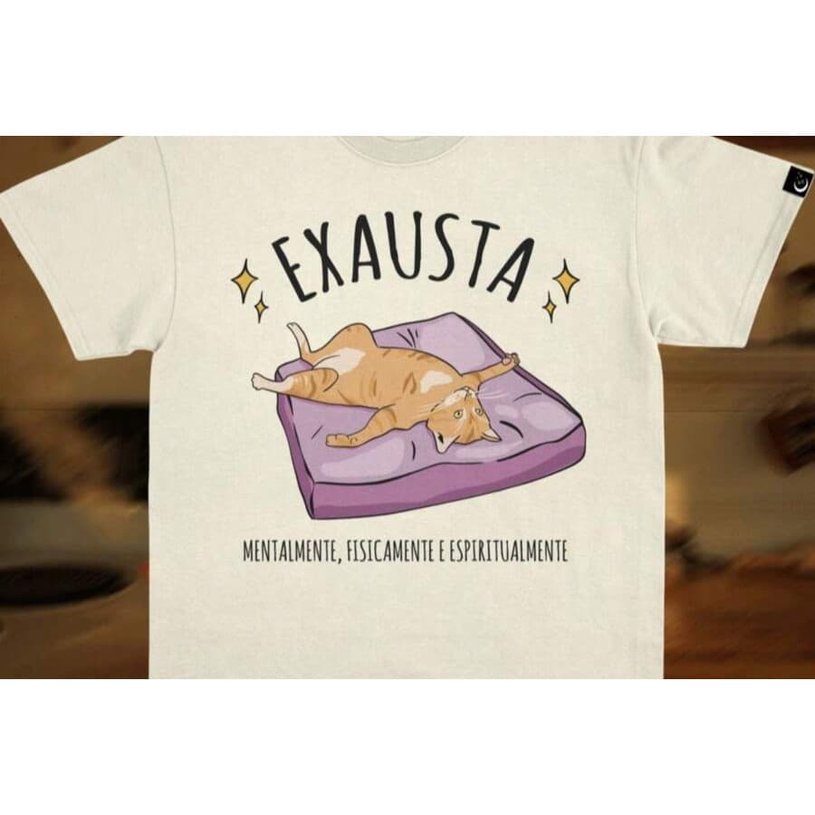 Camiseta 100% Algodão Básica Gato Exausto Fofo Desenho Lançamento 2025 Envio Rápido