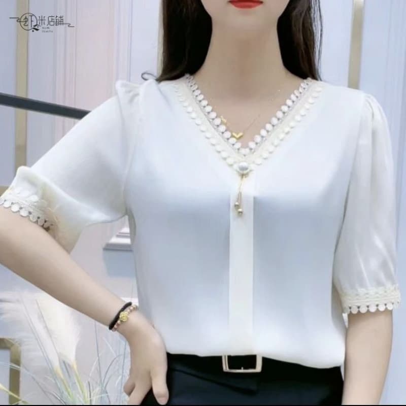 2026 Blusa de Chiffon Feminina Tamanho Grande Estilo Coreano Moda Casual Decote em V Manga Curta NCSB