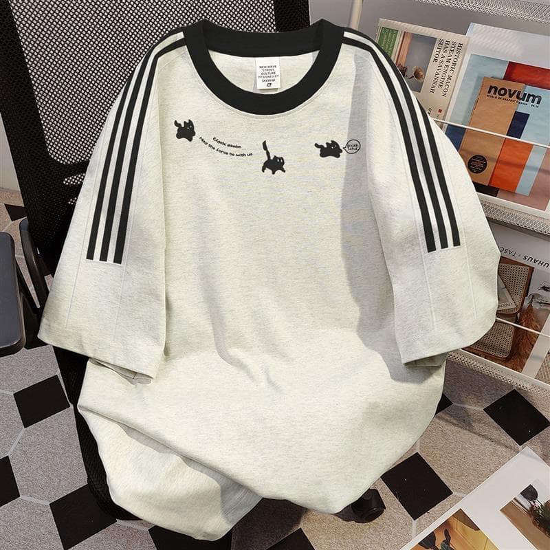 Algodão puro estilo americano interior de manga curta camiseta feminina verão 2025 novo estilo nicho Design três barras