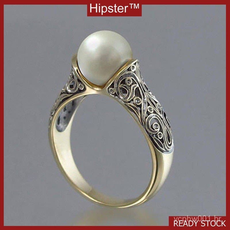 Anel Feminino De Pérola Incrustada / Ouro 18k / Vintage / Bijuteria Prata