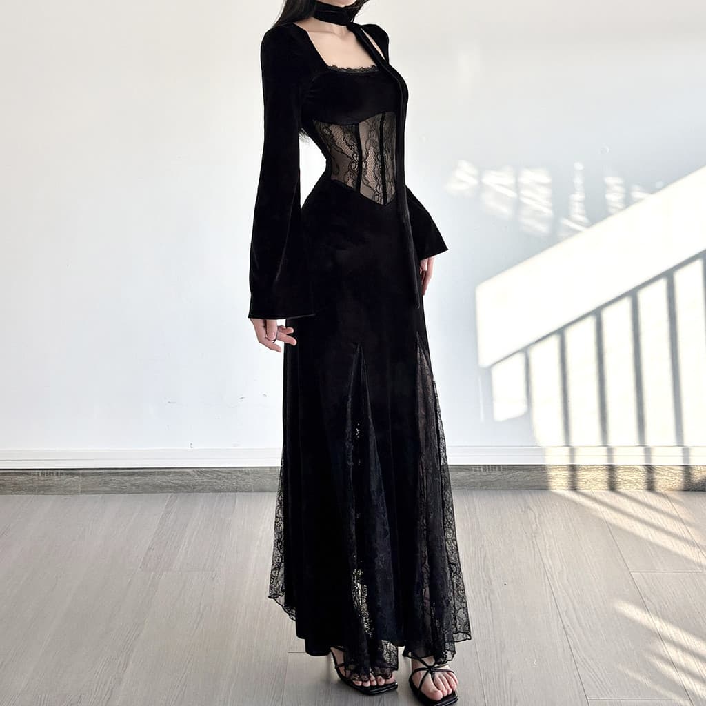 Puro desejo quente estilo menina renda costura renda decote em u mais magro olhar manga larga babador + vestido de fenda
