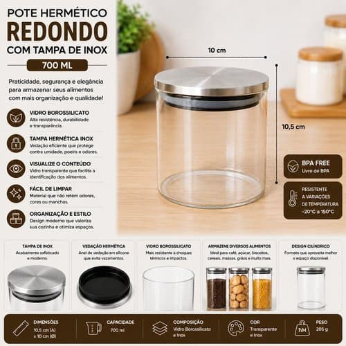 Pote Hermetico Vidro Redondo Tampa Inox 700ml Vedacao Segura Armazenamento Alimentos Organiza Cozinha