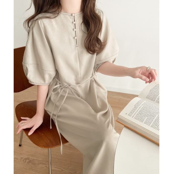 Simples Casual em torno do pescoço vestido de damasco feminino 2024 verão novo estilo temperamento Retro cintura estreit