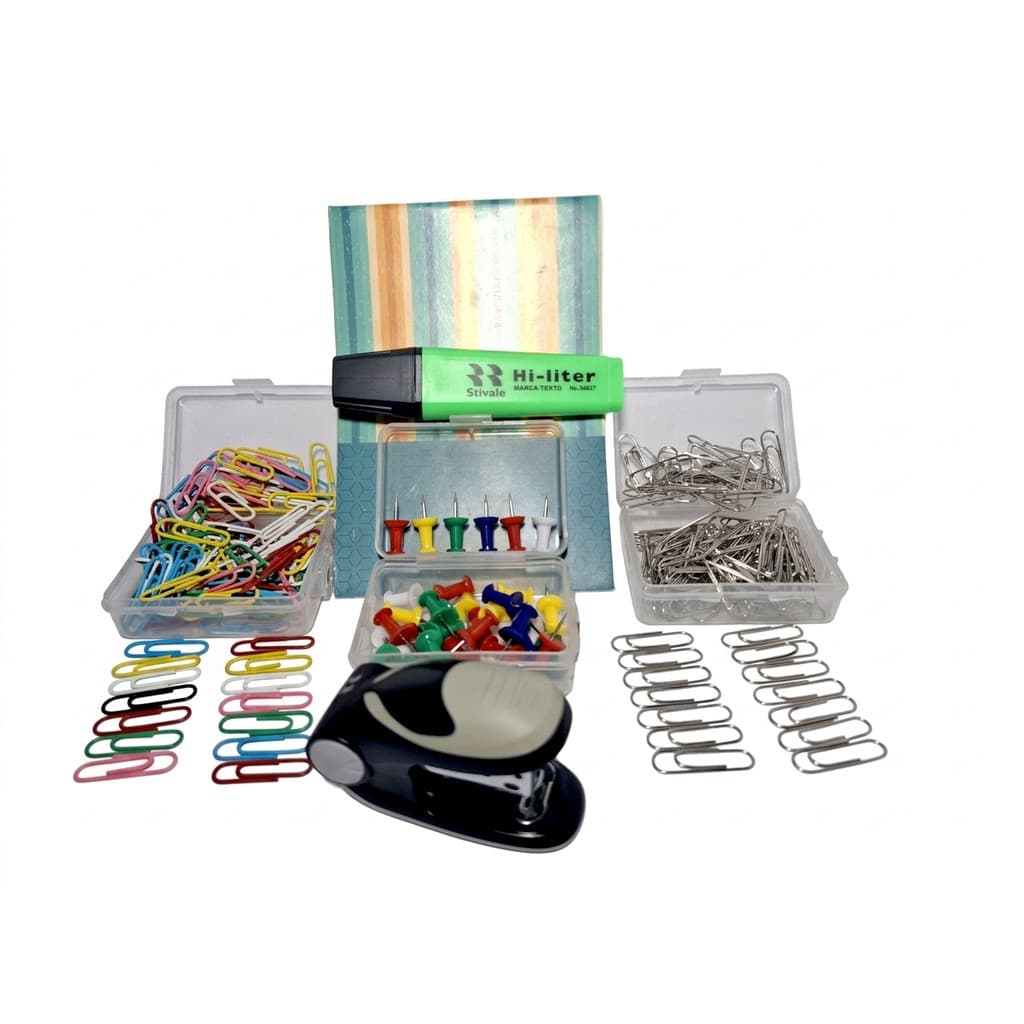 Kit: Grampeador Cinza ; 1xCx Clips Color ; 1Cx.Clipes Prata ; Marca-Texto Verde ; Bloco Notas ; Alfinete para Mapa