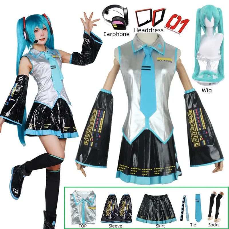Anime Miku Cosplay Traje Peruca Headwear Conjunto Completo Adereços Acessórios De Festa De Halloween Para Meninas Mulher