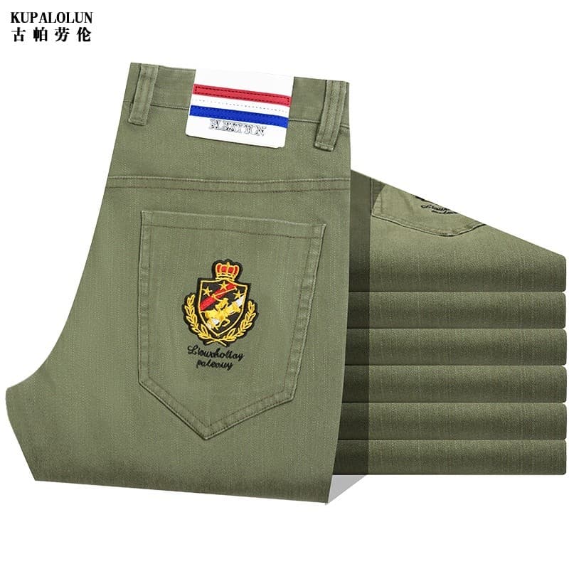 Primavera outono de meia-idade exército verde calças casuais moda estiramento calças retas Micro-elástico médio cintura