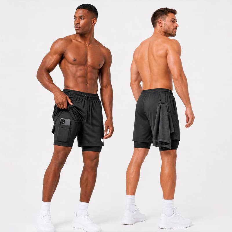 Bermuda Short Calção Masculino 2 Em 1 Treino Com Bolso Interno E Suporte Toalha