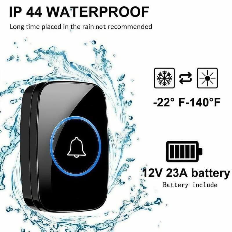 Campainha sem fio de alta qualidade, design à prova d'água - 1 botão e 1 receptor DC, fácil de usar