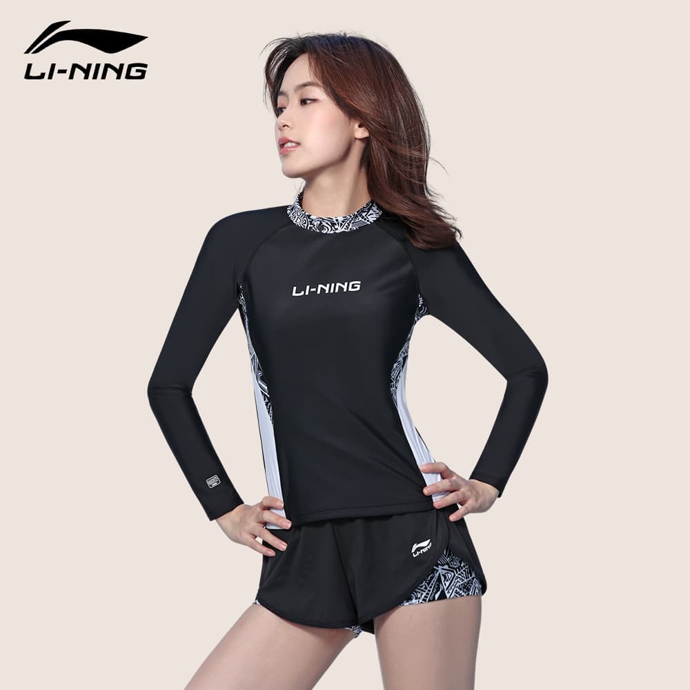 Li Ning maiô feminino verão novo estilo Split conservador manga comprida capa barriga mais magro olhar senhoras esportes