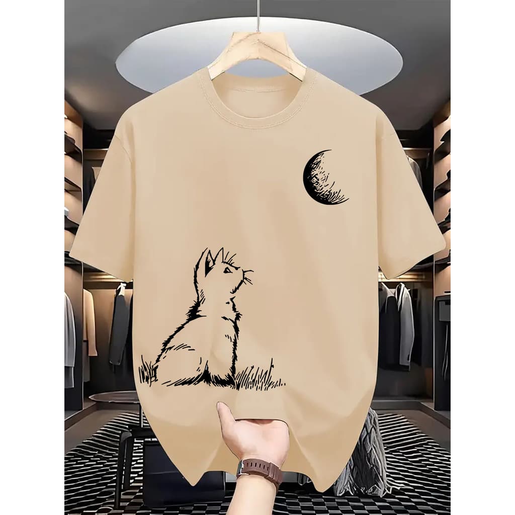 Camiseta Unissex Estilosa com Estampa de Gato ao Luar, Gola Redonda Modelo Confortável e Estiloso
