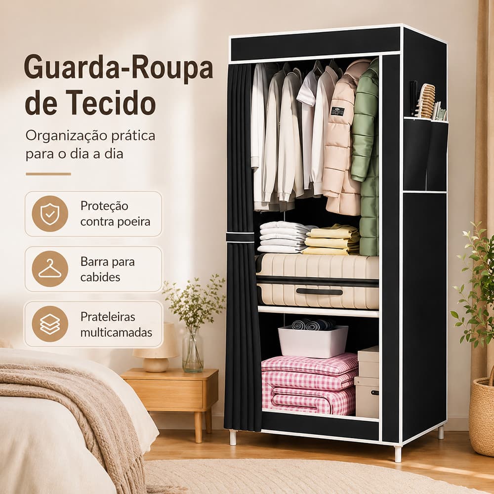 Guarda Roupa de Tecido Preto 56x44cm com Cabideiro Cortina e Prateleiras para Quarto Compacto