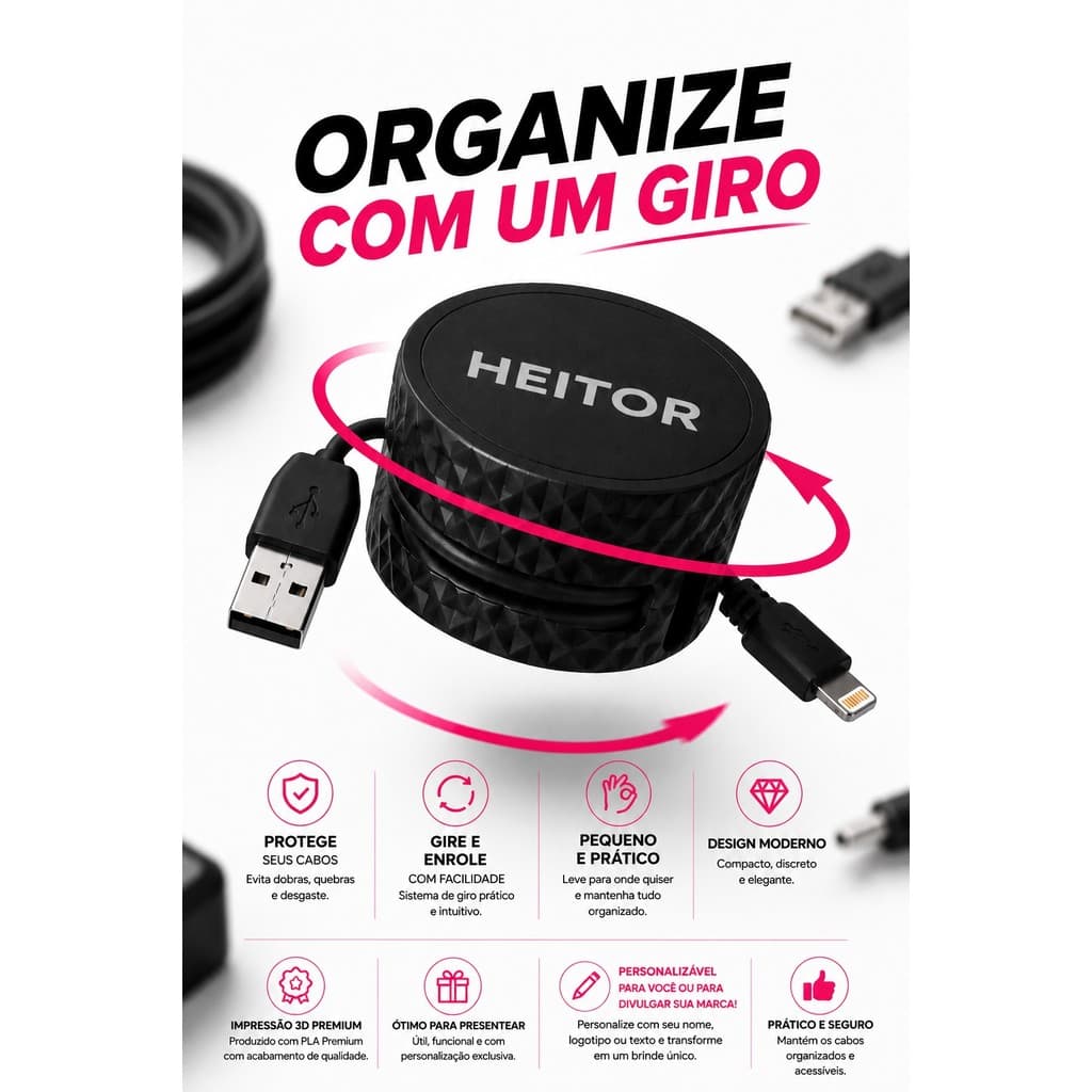 Organizador de Cabos Personalizável Mesa Porta Fios USB USB-C Carregador Home Office Impressão 3D Premium
