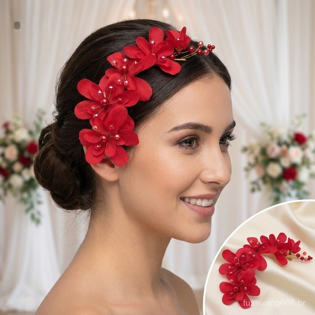 Nupcial Pérola Strass Renda Bandana Coroa Conjunto Vermelho Branco Acessórios De Cabelo De Casamento