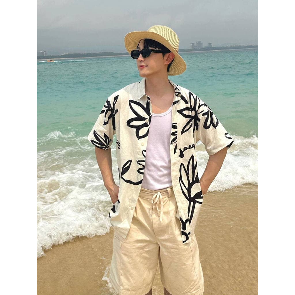 Roupas masculinas de férias à beira-mar gola cubana seda gelo praia flor camisa de manga curta masculina verão tailândia