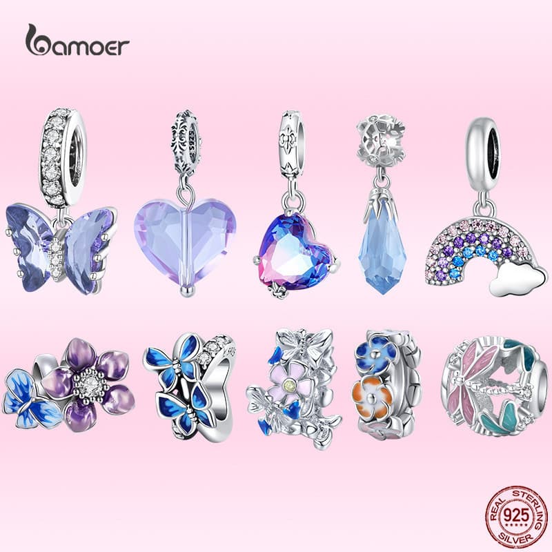 Bamoer 925 Sterling Silver Butterfly Charms Beads Purple Flower Pingente Arco-Íris Pulseiras Originais De Bricolage Bang