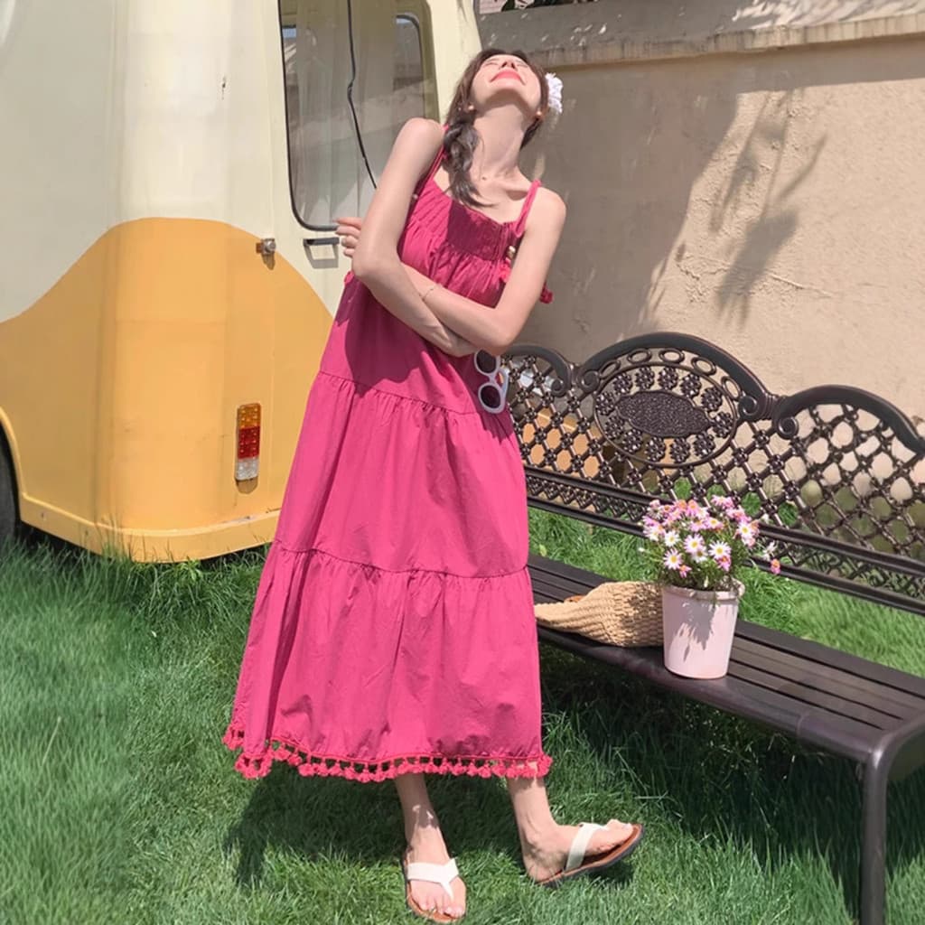 Rosa doce vestido de verão feminino verão novo estilo franjas sentir chique lindo vestido longo estilingue