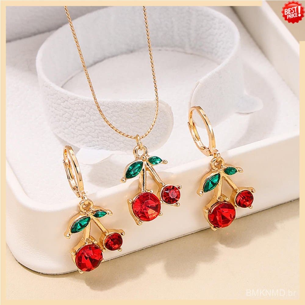Bonito Vermelho Cereja Colar Pingente Brinco Conjunto Requintado Doce Metal Jóias Feminino Festa Luz De Luxo Para Presen