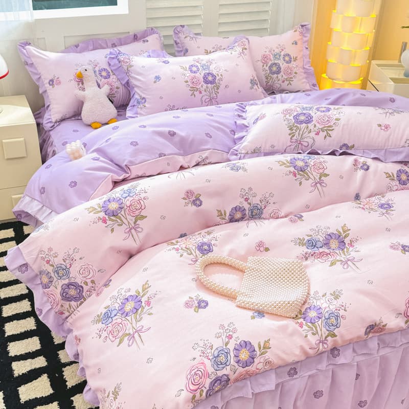Saia de cama de princesa coreana tipo lençol conjunto de quatro peças algodão não puro algodão babados capa de edredão m