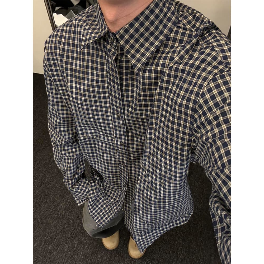 Vintage preto branco xadrez lapela camisa masculina estilo americano Street Wear camisa de manga comprida em camadas xad