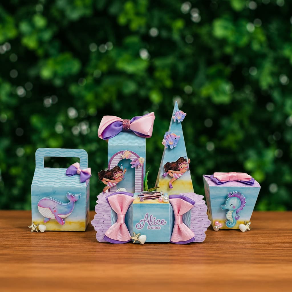 Kit Festa Fundo do Mar Personalizado | Lembrancinha de Festa Personalizada + BRINDE / Kit Caixa Fundo do Mar Rosa